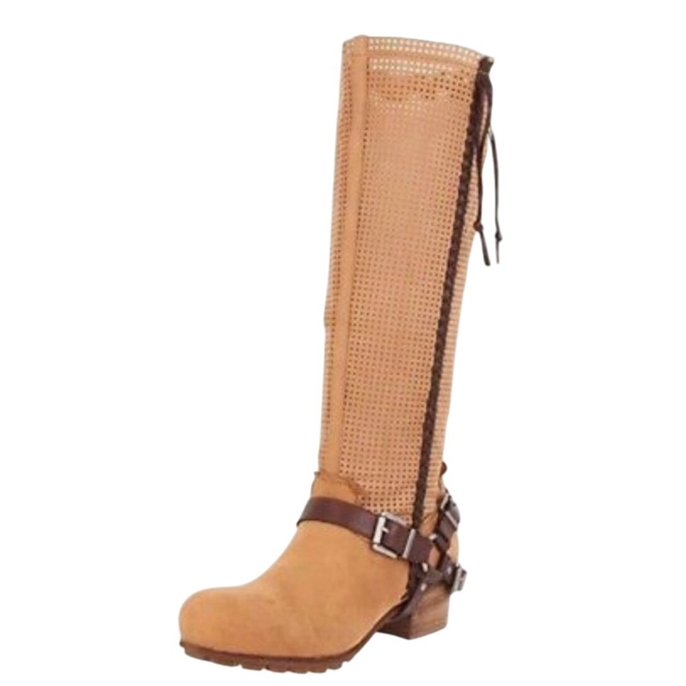 Anthropologie Bacio 61 Palpare Tan Perforated Leather Knee High‎ Boots Size 8.5
